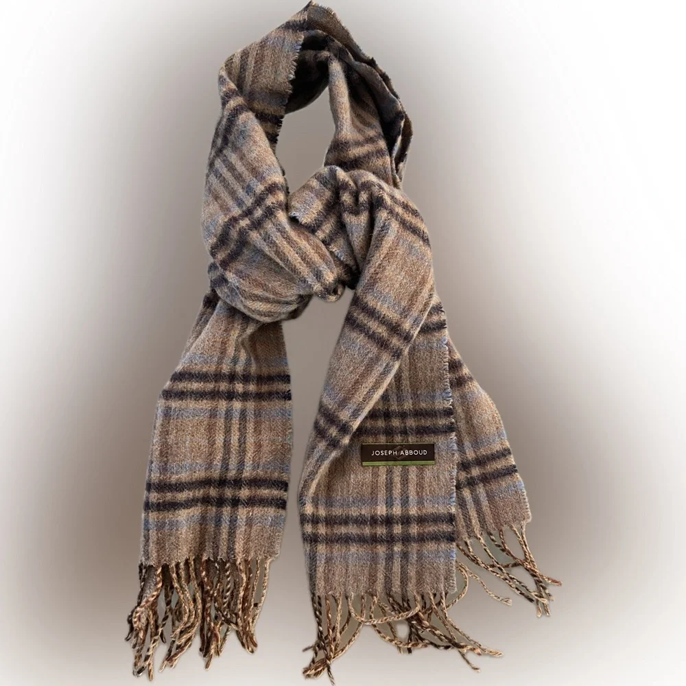 🐑Dark Tan + Black Brown & Blue Plaid Cashmere Scarf by Joseph Abboud